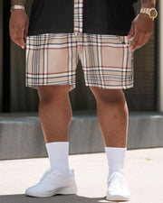 Men's Large Size Casual Color Block Plaid Retro Street Short Shirt Shorts Suit