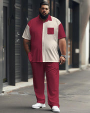 Men's Plus Size Simple Color Block Printed Short Sleeve Shirt Suit
