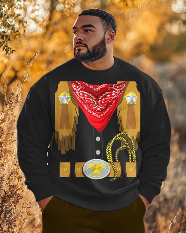 Men's Plus Size Western Denim Halloween Long Sleeve Crewneck Hoodies