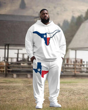 Men's Street Fashion Western Simple Splicing Flag Bull Head Print Plus Size Hoodie Suit