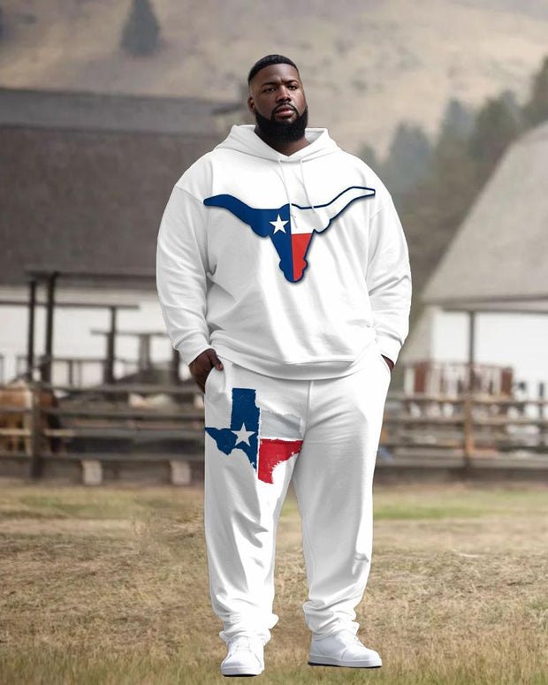 Men's Street Fashion Western Simple Splicing Flag Bull Head Print Plus Size Hoodie Suit