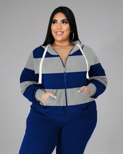 Women's Plus Size Blue Striped Zipper Hoodie Set