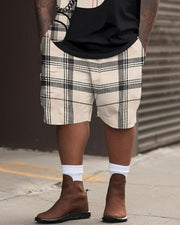 Men's Large Size Street Color Block Casual Letter Bear Short Sleeve Shorts Suit