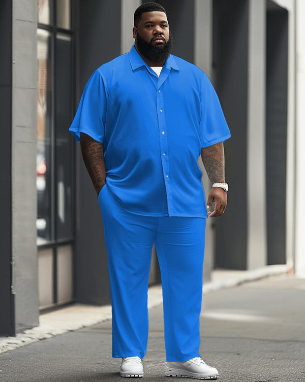 Men's Plus Size Solid Color Blue Short Sleeve Shirt Trousers Suit