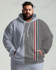 Men's Daily Casual Grey Simple Patchwork Stripe Printed Plus Size Hoodie Suit