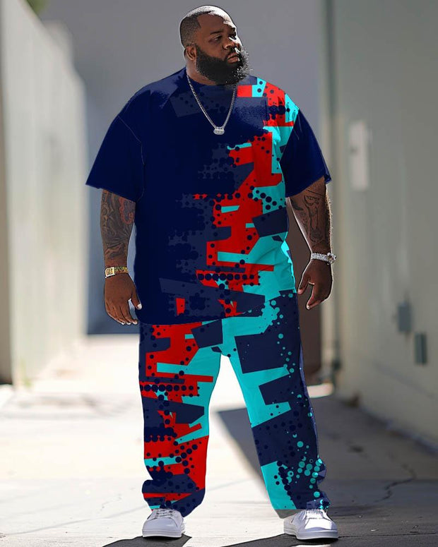 Men's Large Abstract Geometric Print T-Shirt Trousers Suit