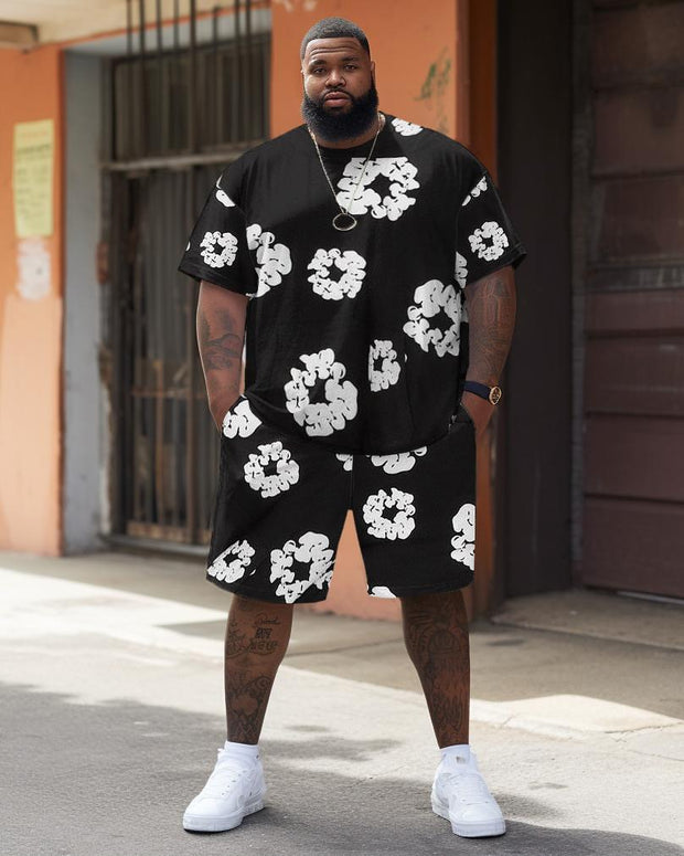 Men's Plus Size Classic White Plum Blossom T-Shirt Shorts Suit