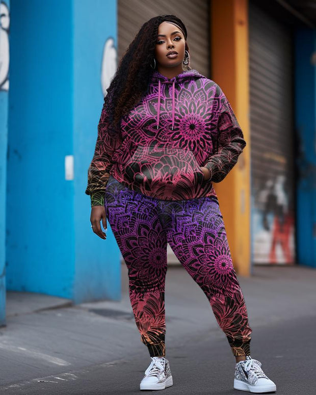 Women's Plus Size Purple Gradient Mandala Hoodie Set
