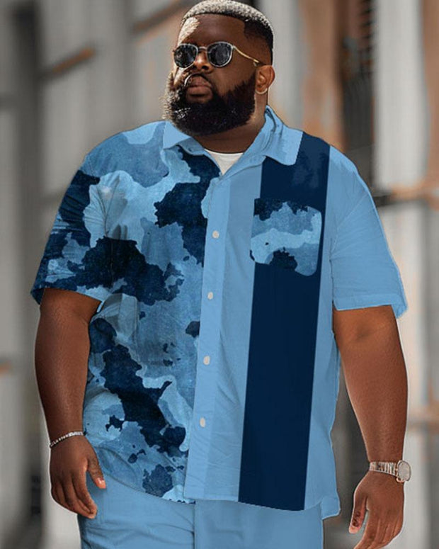 Men's Plus Size Simple Casual Camouflage Color-block Striped Printed Pocket Shirt Shorts Suit