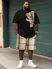 Men's Large Size Street Cartoon Funny Bear Plaid Camouflage Graffiti Short-sleeved Shorts Suit
