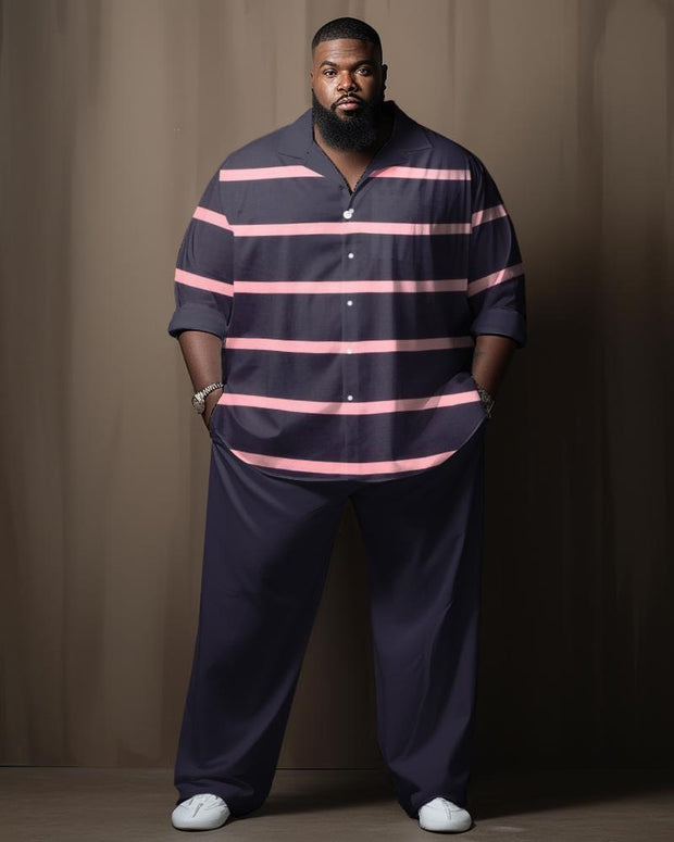 Men's Casual Plus Size Gentleman Striped Color Block Long Sleeve Lapel 2-Piece Shirt Set