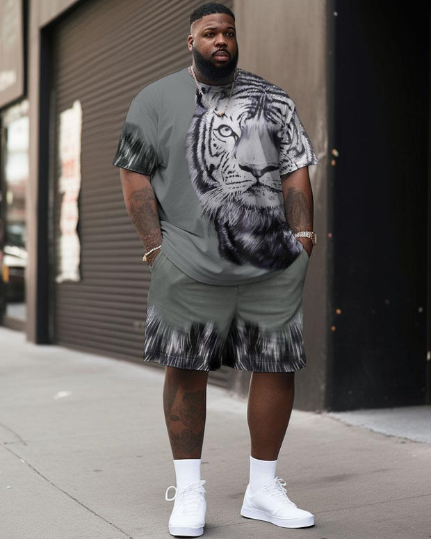 Large size men's street style lion print T-shirt & shorts two-piece set