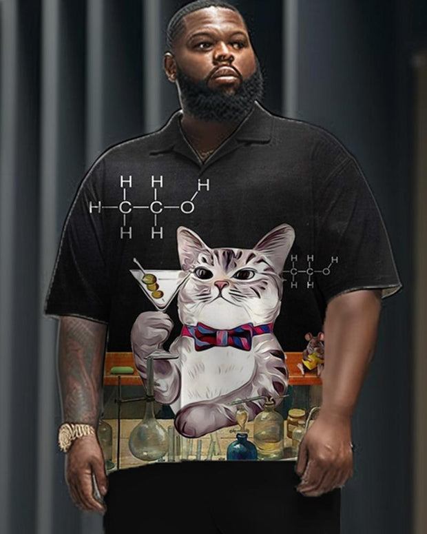 Science Cat Print Short Sleeve Shirt and Trousers Plus Size Suit for Men