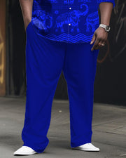 Men's Plus Size Classic Blue Plaid Long Sleeve Lapel Shirt 2 Piece Set
