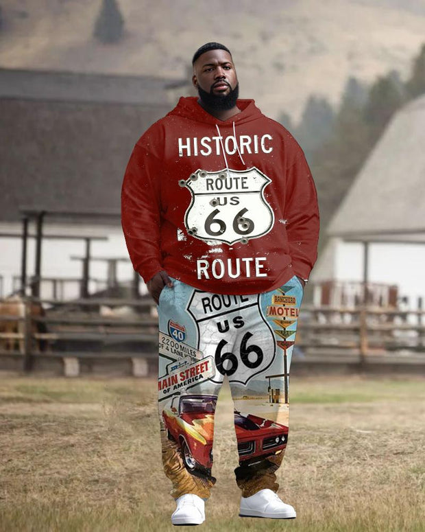 Men's Street Fashion Western Route 66 Graphic Print Plus Size Hoodie Suit