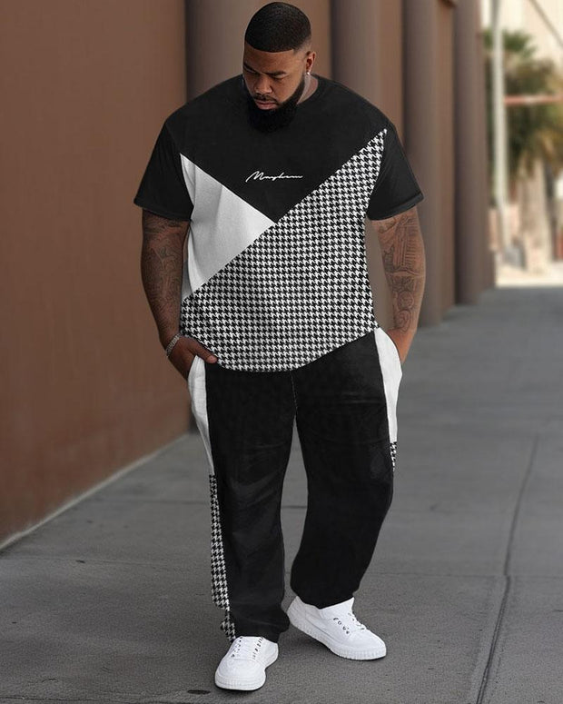 Men's Large Casual Colorblock Houndstooth Printed T-Shirt Pants Suit