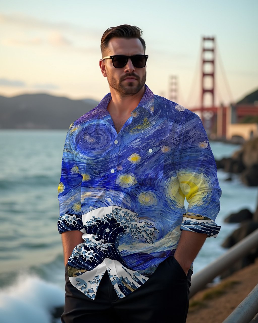 Van Gogh Sunflower-Men's Plus Size Cotton Long Sleeve Lapel Shirt