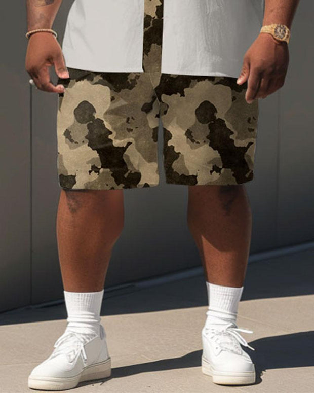 Men's Plus Size Simple Casual Camouflage Color Contrast Print Pocket Shirt Shorts Suit