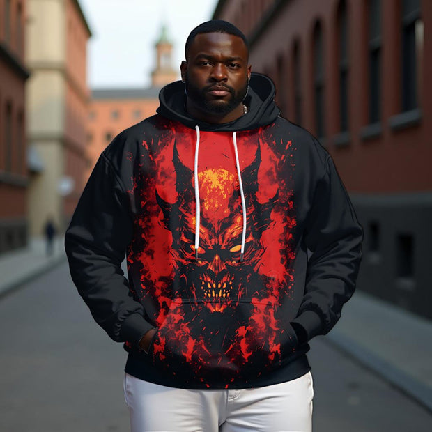 Men's Plus Size Fashion Street Flame Burning Skull Print Long Sleeve Hoodie