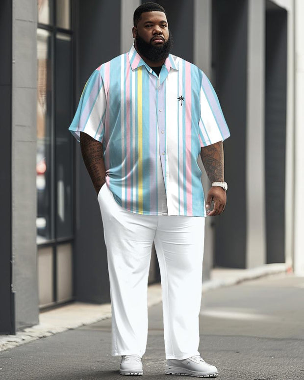 Men's Plus Size Business Casual Rainbow Striped Print Short Sleeve Shirt Suit