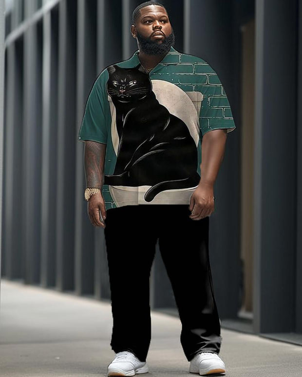 Toilet Cat Print Short-sleeved Shirt and Trousers Men's Plus-size Suit