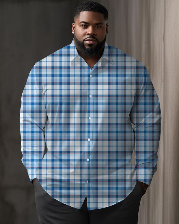 Men's Plus Size Classic Blue Plaid Long Sleeve Lapel Long Sleeve Shirt