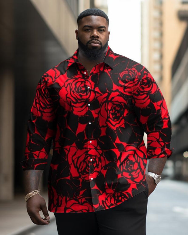 Men's Large Size Red And Black Color Block Rose Romantic Unique Lapel Long-Sleeved Shirt