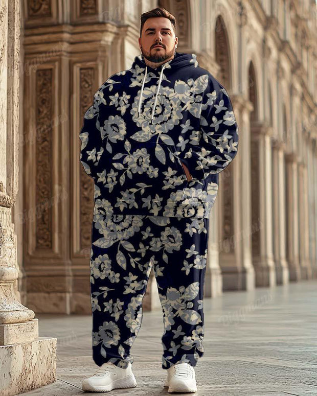 Men's Classical Luxury Pattern Blue Plus Size Hoodie Suit