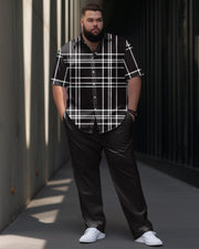 Men's Plus Size Business Casual Classic Large Plaid Short Sleeve Shirt Trousers Suit