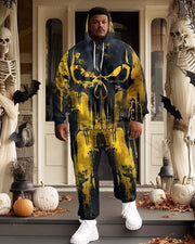 Men's Street Fashion Yellow And Black Graffiti Skull Plus Size Hoodie Suit