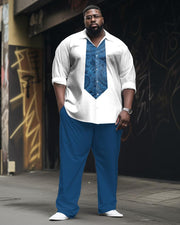 Men's Plus Size Tie shape cashew pattern Long Sleeve Lapel Shirt 2 Piece Set
