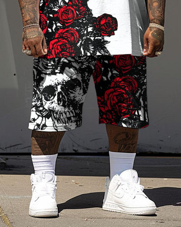 Men's Plus Size Street Casual Skull Rose Print T-Shirt Shorts Suit