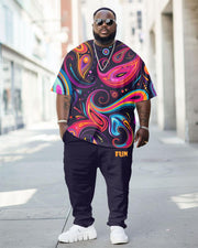 Men's Plus Size Street Fashion Colorful Paisley Print T-Shirt Trousers Suit