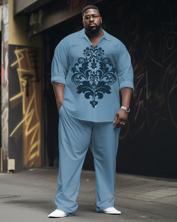 Men's Plus Size High-grade Same Color Retro Pattern Printed Long Sleeve Lapel Shirt 2-piece Set