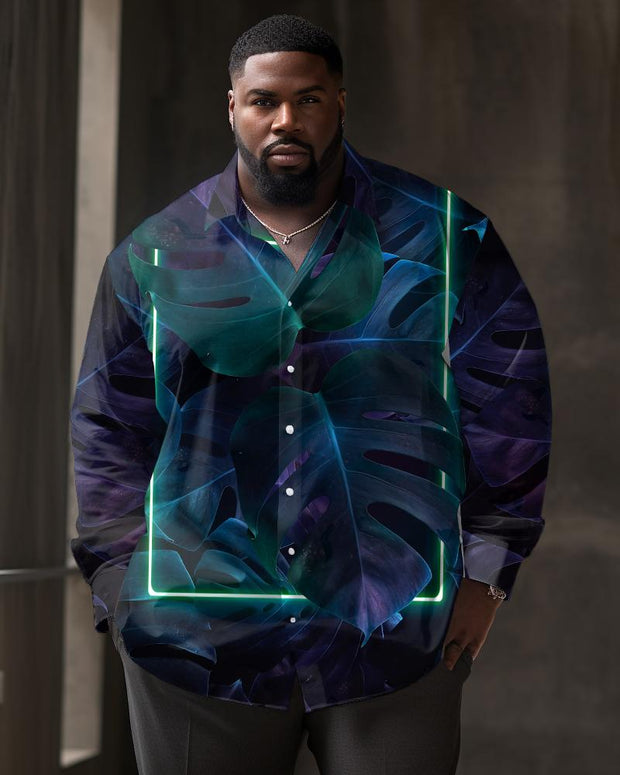 Men's Plus Size Abstract Leaf Pattern Lapel Casual Long Sleeve Shirt