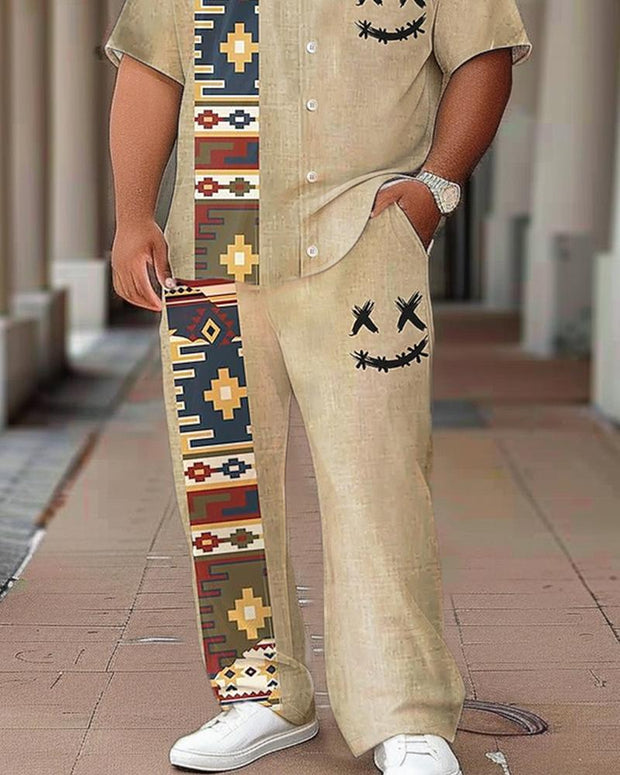 Ethnic Style Smiley Printed Short-sleeved Shirt Plus-size Men's Suit