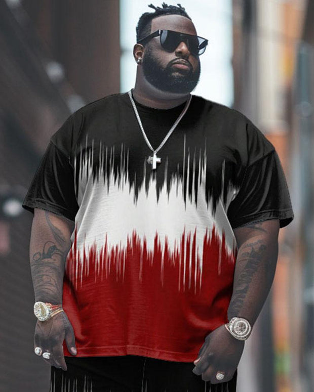 Men's Plus Size Street Casual Sound Wave Color-matched Printed T-shirt Trousers Suit