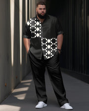 Men's Plus Size Geometric Patchwork Print Short Sleeve Shirt Trousers Suit