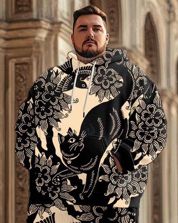 Men's Classical Plant Cat Pattern Black Plus Size Hoodie Suit