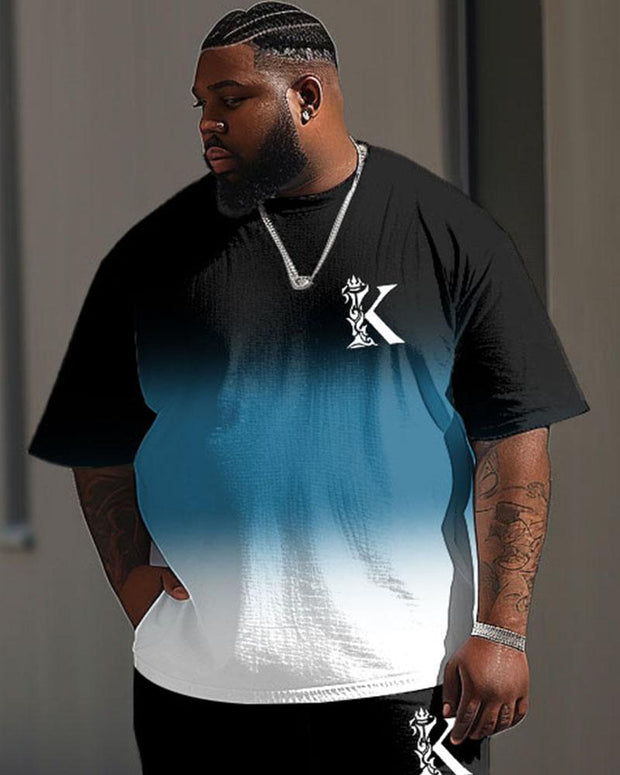 Men's Plus Size Street Casual Gradient K Letter Print T-shirt Trousers Suit