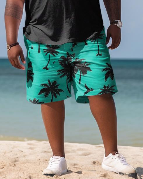 Men's Plus Size Hawaiian Art Coconut Color Block Shirt And Shorts Two-Piece Set