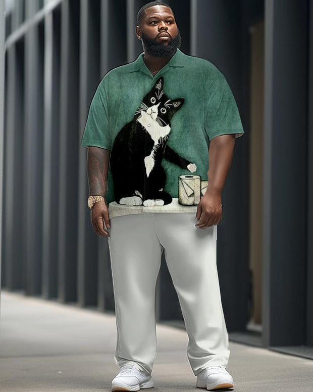 Toilet Paper Cat Print Short Sleeve Shirt and Trousers Plus Size Suit for Men