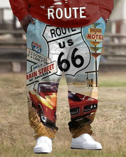 Men's Street Fashion Western Route 66 Graphic Print Plus Size Hoodie Suit