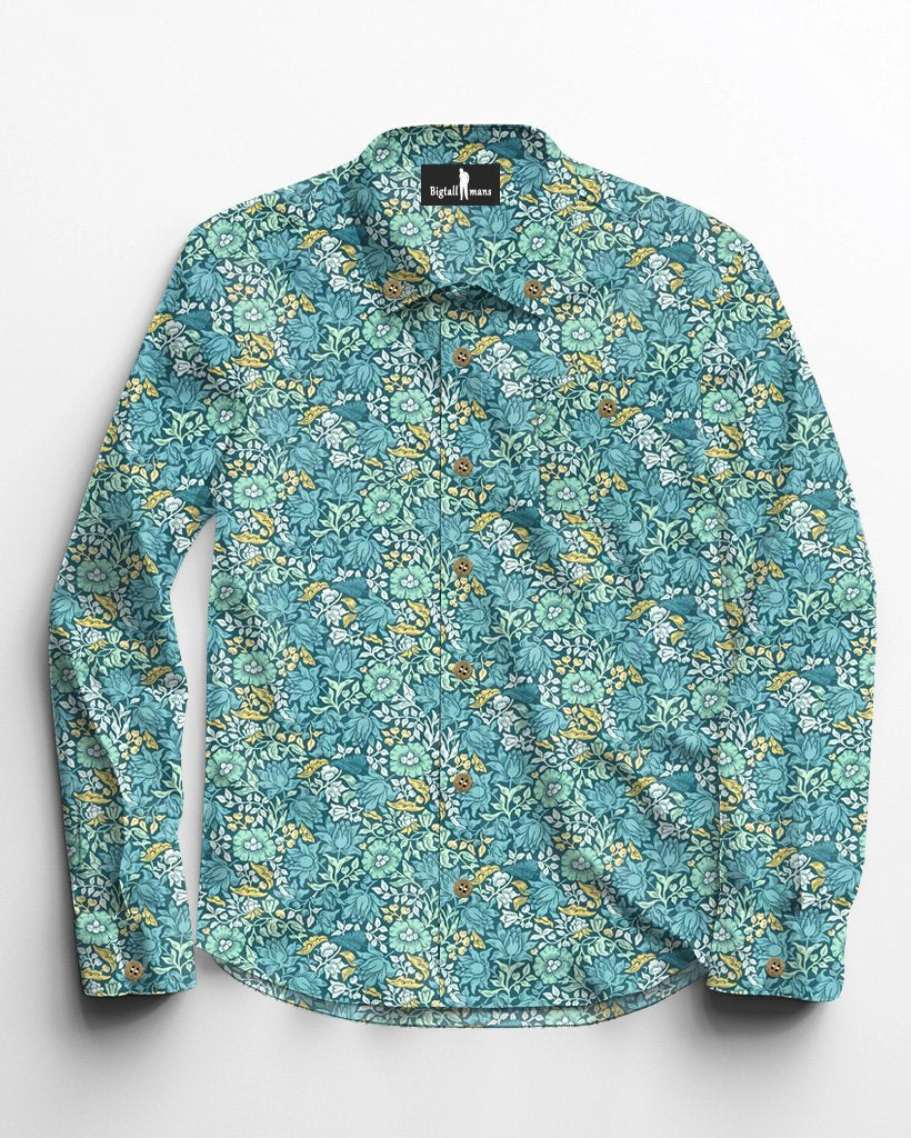 Turquoise Floral Cotton Men's Patch Pocket Long Sleeve Lapel Shirt