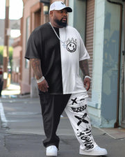 Men's Large Street Casual Graffiti Color-block Print T-shirt Trousers Suit