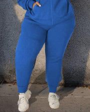 Women's Plus Size Solid Blue Zipper Hoodie Set