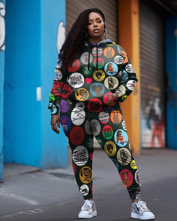 Women's Plus Size Black Girl Head Print Hoodie Set