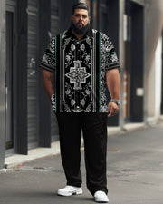 Men's Plus Size Business Simple Stripe pattern stitching Short Sleeve Shirt Trousers Suit