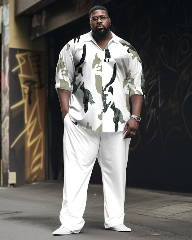 Men's Plus Size Irregular Color Block Long Sleeve Lapel Shirt 2-piece Set