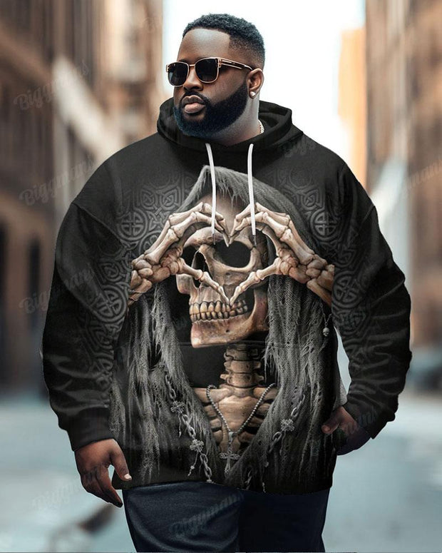 Men's Plus Size Street Fashion Black 3D Skull Love Print Hooded Sweater